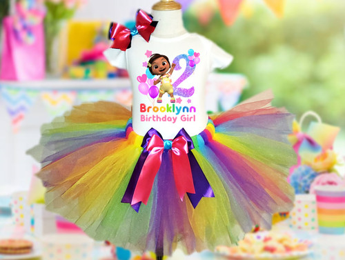 CoComelon Girl Nina Birthday Party Personalized Custom Rainbow Tutu Outfit Dress 3 Piece Set