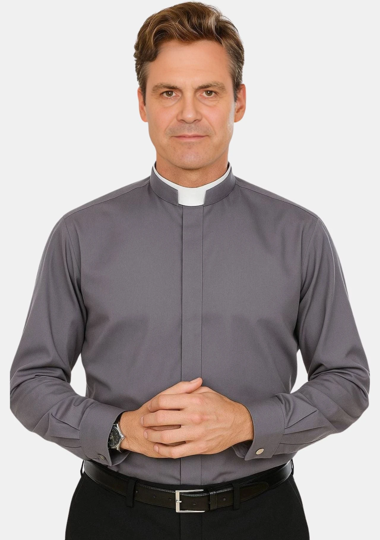 Long Sleeves Roman Collar Grey Shirt