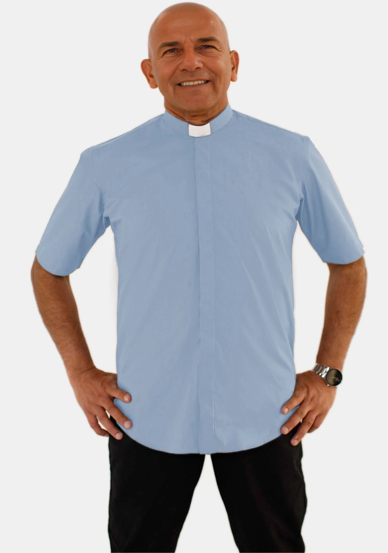 Tab Collar Short Sleeve Sky Blue Clergy Shirt for Men