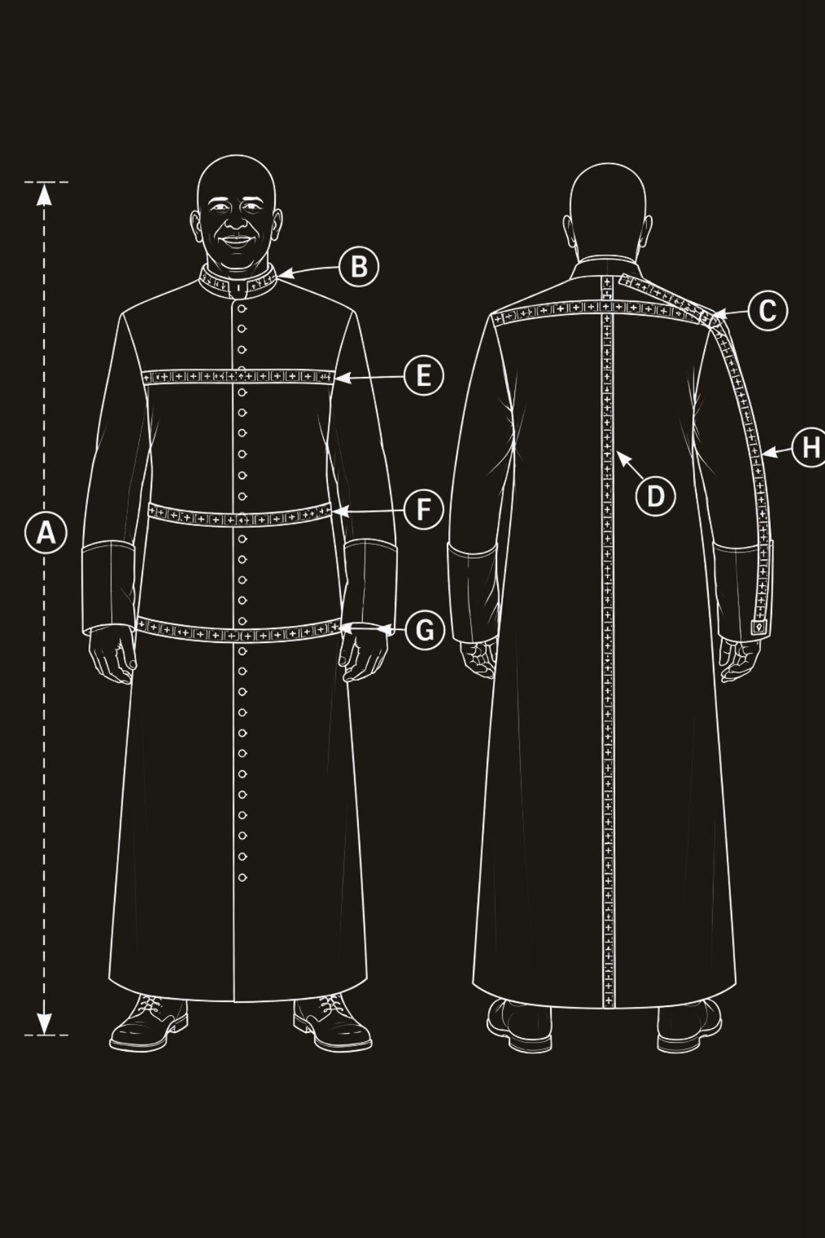 Cassock measurement guide, front and back views: A full length, B neck, C shoulder, D back length, E chest, F waist, G hip, H sleeve