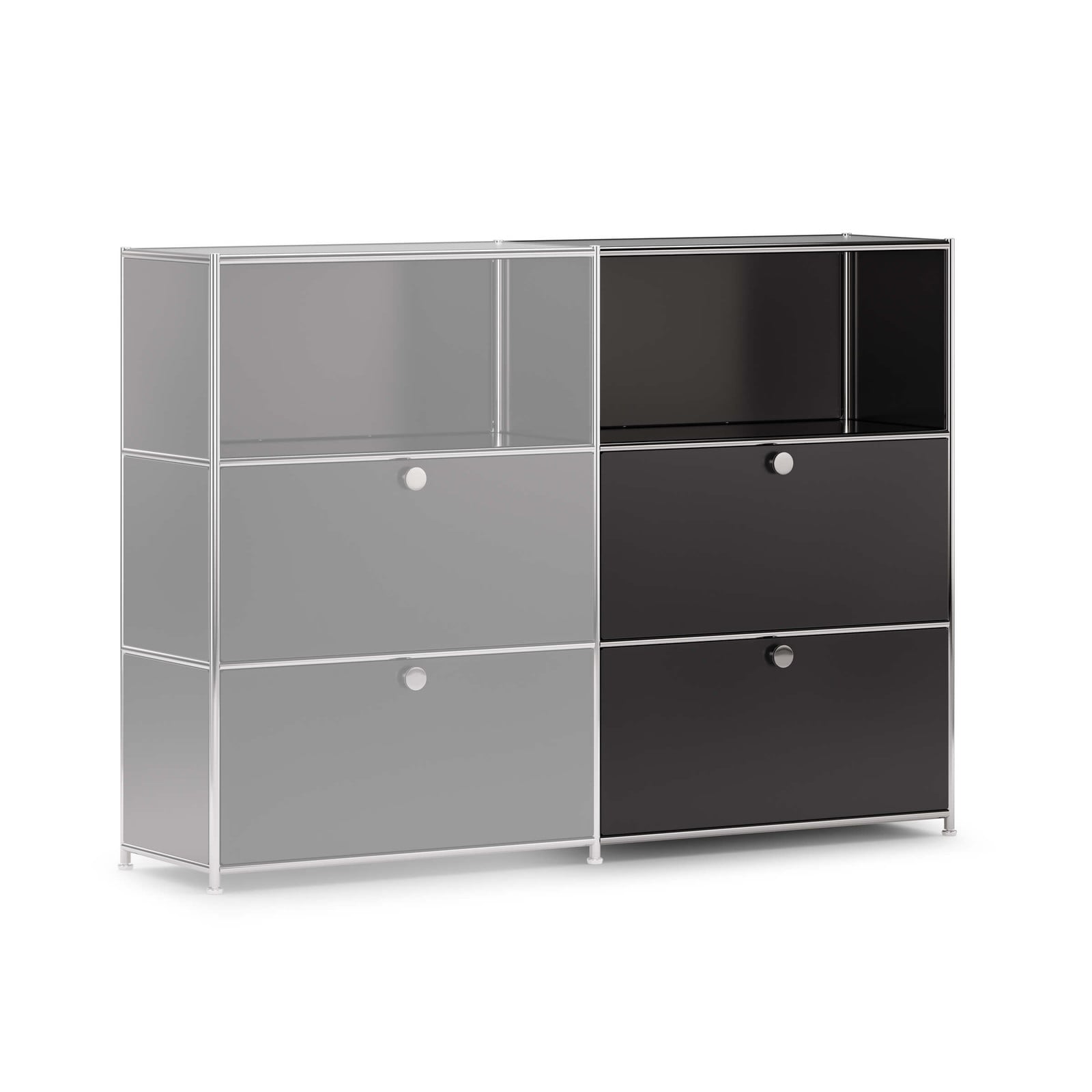Cubox Erweiterungs-Set mit 3 Ebenen und 2 Klappen in Schwarz als Anbau an ein bestehendes Modul, Schrägansicht freigestellt auf weißem Hintergrund
