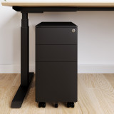 ofinto Büro-Korpus Schwarz schmal ohne Kissen - mobiler Schubladencontainer mit 3 Schubladen und Schloss unter höhenverstellbarem Schreibtisch Elevate weiss mit Holzplatte, auf schwarzen Rollen