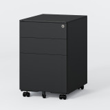 ofinto Büro-Korpus Schwarz breit ohne Kissen - breiter mobiler Schubladencontainer mit 3 geräumigen Schubladen, Zylinderschloss und schwarzen Leichtlaufrollen, freistehend auf grauem Hintergrund