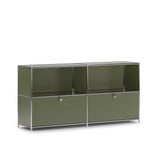 Cubox Sideboard mit 2 Ebenen und 2 Klappen in Olivgrün mit offenen Fächern oben, Schrägansicht freigestellt auf weißem Hintergrund