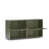Cubox Sideboard mit 2 Ebenen und 2 Klappen in Olivgrün mit beiden Klappen geöffnet als Ablage, Schrägansicht freigestellt auf weißem Hintergrund