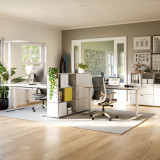 Cubox Regal mit Soft Panel Gletschergrau, froehlicher Farbakzent im hellen Homeoffice