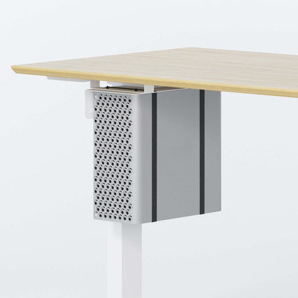 ofinto PC-Halterung Weiss an höhenverstellbarem Schreibtisch Elevate montiert - höhenverstellbare CPU-Halterung mit Ablage am weißen Tischgestell, ergonomisches Zubehör für ordentlichen Arbeitsplatz mit natürlicher Holz-Tischplatte