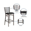 Clear Coated Ladder Back Metal Restaurant Barstool - Black Vinyl Seat