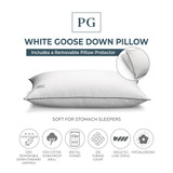 White Goose Down Soft Density Stomach Sleeper Pillow with 100% Certified RDS Down, and Removable Pillow Protector, Full/Queen
