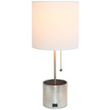 Hammered Metal Organizer Table Lamp with USB Charging Port and Fabric Shade