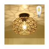 Hand Woven Rattan Flush Mount Light with Dimmable LED Bulb
