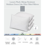 Plush Allergy Resistant Medium Down Like Fiber Filled Pillow - Set of Four - Standard