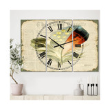 Colorful Elegant Feather On Old Style Newspaper IV Large Cottage 3 Panels Wall Clock - 23" x 23" x 1"
