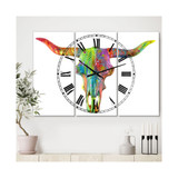 Longhorn Rainbow Skull Oversized Modern 3 Panels Wall Clock - 38" x 38" x 1"