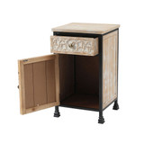 Metal Frame and Carved Wood 1-Door 1-Drawer End Table with Storage