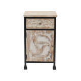 Metal Frame and Carved Wood 1-Door 1-Drawer End Table with Storage