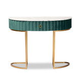 Beale Luxe and Glam Velvet Upholstered 1-Drawer Console Table with Faux Marble Tabletop