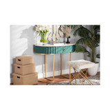 Beale Luxe and Glam Velvet Upholstered 1-Drawer Console Table with Faux Marble Tabletop