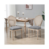 2pc French-Style Rattan Backrest Upholstered Dining Accent Chairs, Grey