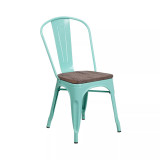 Calumet Metal Stacking Chair With Curved, Slatted Back And Rustic Wood Seat