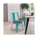 Calumet Metal Stacking Chair With Curved, Slatted Back And Rustic Wood Seat