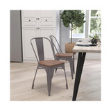 Stackable Metal Vertical Slat Back Dining Chair With Textured Wood Seat