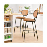 Set of 2 Bar Stools Faux Leather Bar Height Kitchen Chairs with Rattan Back