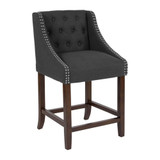 24" High Transitional Tufted Walnut Counter Height Stool with Accent Nail Trim in Charcoal Fabric