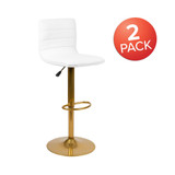 Indoor Chair Modern White Vinyl Adjustable Bar Stool with Back, Counter Height Swivel Stool with Gold Pedestal Base, Set of 2