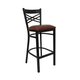 Black ''X'' Back Metal Restaurant Bar Stool with Burgundy Vinyl Seat