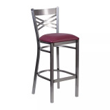 Clear Coated "X" Back Metal Restaurant Barstool - Burgundy Vinyl Seat