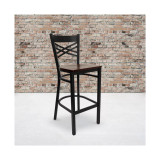 Black ''X'' Back Metal Restaurant Bar Stool with Wood Seat