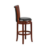 30'' High Dark Chestnut Wood Barstool with Panel Back and Black LeatherSoft Swivel Seat