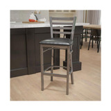 Clear Coated Ladder Back Metal Restaurant Barstool - Black Vinyl Seat