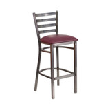 Clear Coated Ladder Back Metal Restaurant Barstool - Burgundy Vinyl Seat
