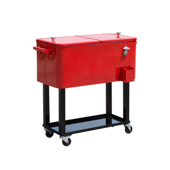 80 QT Rolling Cooling Bins Ice Chest on Wheels Outdoor Stand Up Drink Cooler Cart for Party, Red