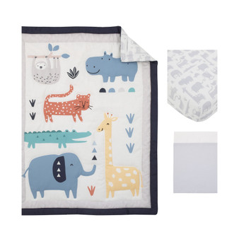 Modern Jungle Pals Sloth, Hippo, Elephant, Giraffe 3 Piece Crib Bedding Set