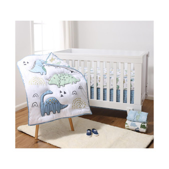Blue Dino 5 Piece Crib Bedding Set for Baby Boys, Nursery Set with Blanket