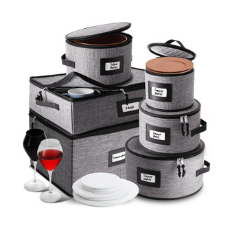 6 Piece Hard Shell Fine China Plates, Mugs and Wine Glass Storage Set - Holds a 12 Serving Set