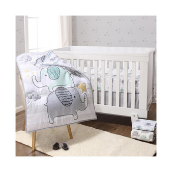 Grey and Mint Elephant Dreams 5 Piece Crib Bedding Set for Baby Boys or Girls, Nursery Set with Blanket