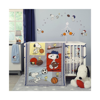 Snoopy Sports Gray/Blue/Yellow/Red 3-Piece Nursery Baby Crib Bedding Set
