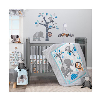 Jungle Fun Gray/Blue/White Elephant, Lion and Monkey 3-Piece Baby Nursery Crib Bedding Set