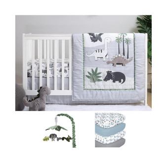 Green Dino 8 Piece Baby Nursery Crib Bedding Set, Quilt, Crib Sheets, Crib Skirt, Mobile