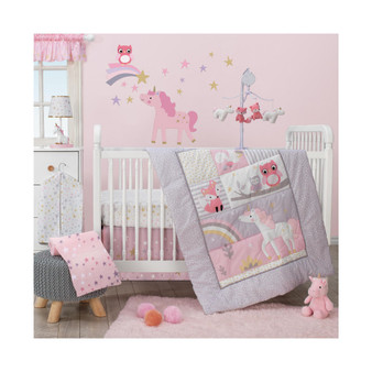Rainbow Unicorn Pink/Purple 8-Piece Nursery Baby Crib Bedding Set – Fox/ Squirrel/ Owl