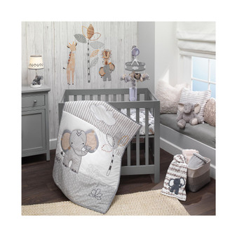 Jungle Safari Elephant 3-Piece Mini Crib Bedding Set - Gray/White