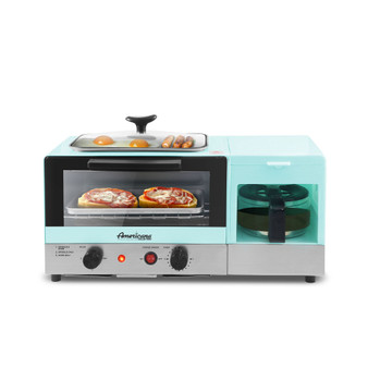 3-in-1 Breakfast Center Station, 4-Cup Coffeemaker, 2 Slice Toaster Oven with 15min Timer, 9.5" Nonstick Griddle with Glass Lid