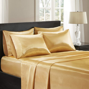 Satin Silk Sheets, Casual Silk Bed Sheets Full, Hotel Sheets 6-Piece Include Flat Sheet, Fitted Sheet & 4 Pillowcases, Gold