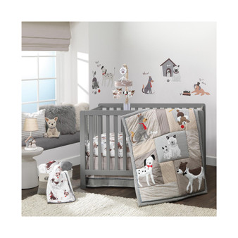 Bow Wow Gray/Tan Dog/Puppy Nursery 4-Piece Baby Crib Bedding Set