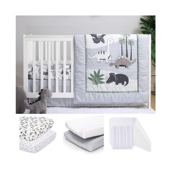 Green Dino 11 Piece Baby Nursery Crib Bedding Set, Quilt, Crib Sheets, Crib Skirt, Changing Pad Covers and Liners