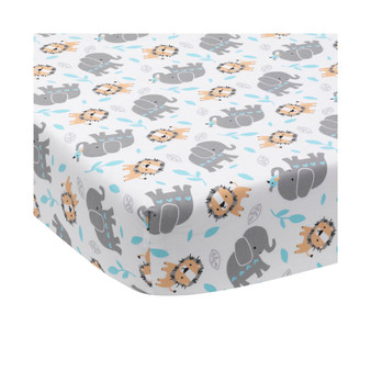 Jungle Fun White/Gray/Blue Elephant & Lion Baby Fitted Crib Sheet
